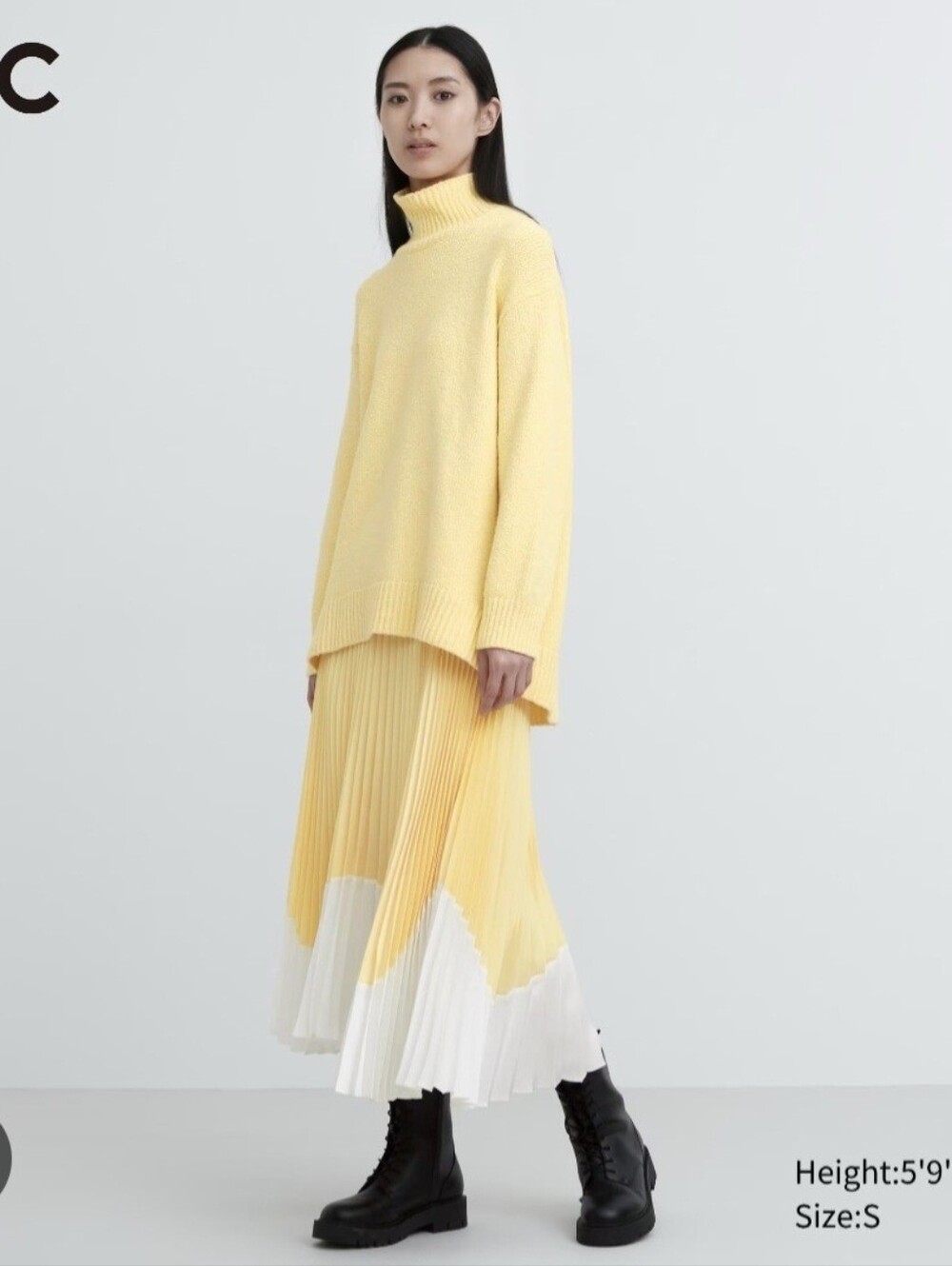 UNIQLO Pleated Colorblock Midi Skirt in Yellow and White